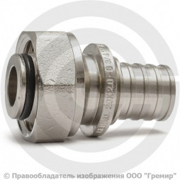 Соединитель латунный никелированный для PE-X труб Дн 16-3/4" под евроконус с накидной гайкой RAUTITAN Rehau