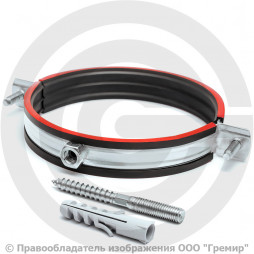 Хомут крепежный оцинкованный с резиновой прокладкой Ду-100 (Дн 110-114) (4") М8 в/к винт-шуруп, дюбель