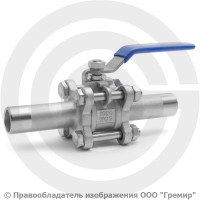 Кран нержавеющий AISI 316 (CF8M) под приварку (удл. патрубки) Ду-20 (3/4") Ру-40 ABRA BV61L-Q61F-1000-3L