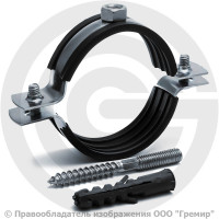 Хомут крепежный оцинкованный с резиновой прокладкой Ду-50 (Дн 60-64) (2") М8 в/к винт-шуруп, дюбель Strongman