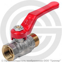 Кран латунный Ду-15 (1/2") Ру-40 ВР-НР (ВН-НАР) никель полнопроходной рычаг красный Dist Стандарт