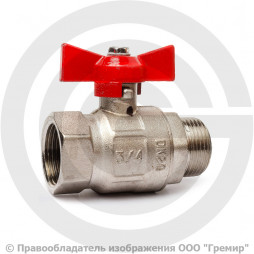 Кран латунный Ду-15 (1/2") Ру-25 ВР-НР (ВН-НАР) никель бабочка RTP (РосТурПласт)